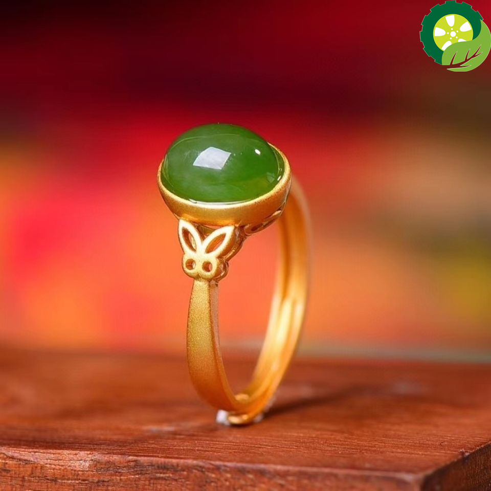 Natural Hetian jade oval Chinese style retro palace unique gold craft adjustable ring TIANTIAN LIFE Market Place