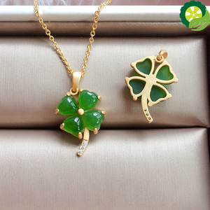 Natural Hetian jade lucky four leafs Chinese style retro palace style unique ancient gold craft Pendant Necklace TIANTIAN LIFE Market Place