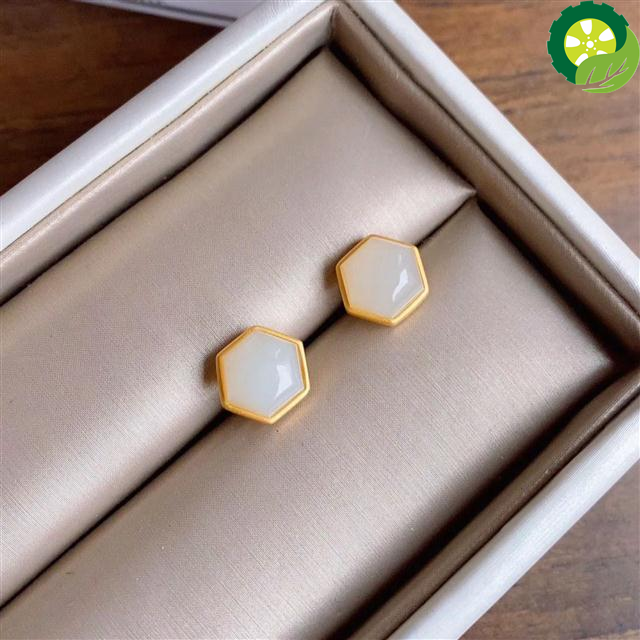 Natural Hetian white jade geometric Chinese style retro small exquisite elegant earring TIANTIAN LIFE Market Place