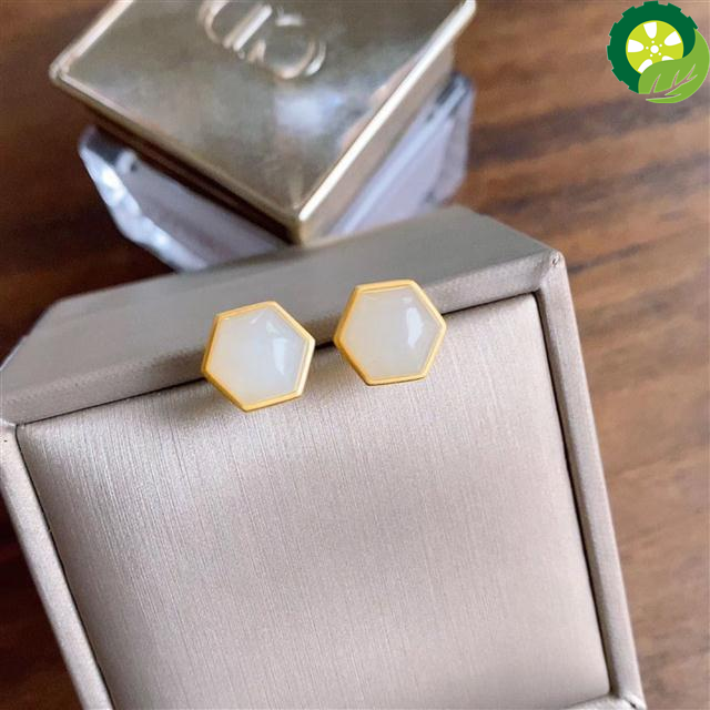 Natural Hetian white jade geometric Chinese style retro small exquisite elegant earring TIANTIAN LIFE Market Place