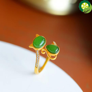 Natural Hetian jade cat opening adjustable ring cute romantic unique ancient gold craft charm silver jewelry TIANTIAN LIFE Market Place