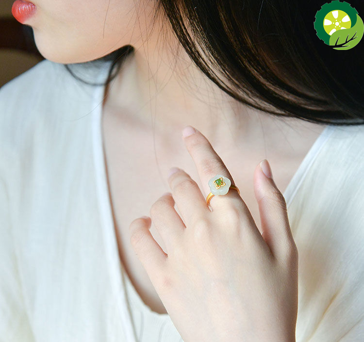 Natural Hetian white jade flower Chinese style retro small and exquisite adjustable ring TIANTIAN LIFE Market Place
