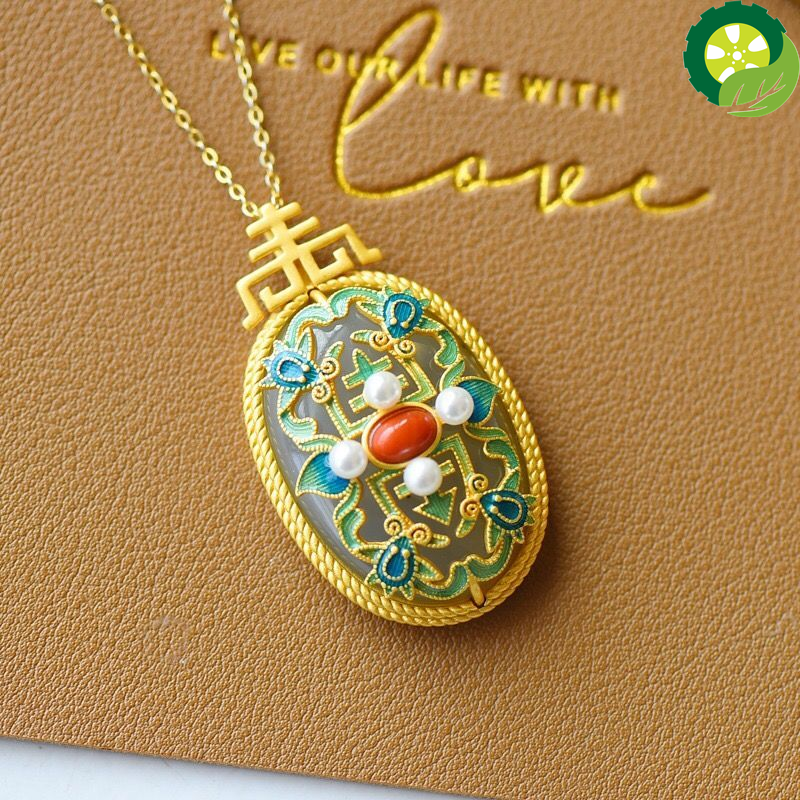 Natural Hetian white jade gutta enamel porcelain craft Chinese style retro charm silver jewelry Set TIANTIAN LIFE Market Place