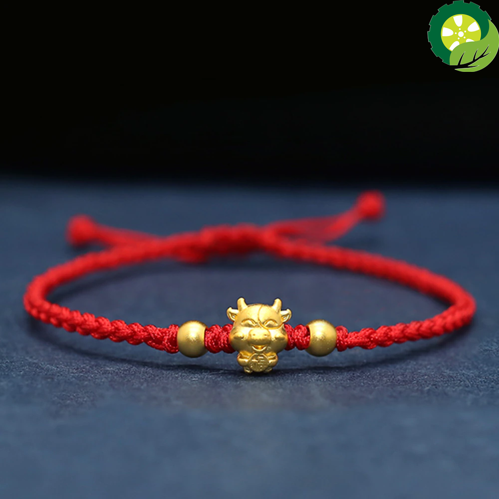 999 Real 24K Yellow Gold Woman Bracelet 3D Luck OX Bead Red Weave Bracelet / Best Gift TIANTIAN LIFE Market Place