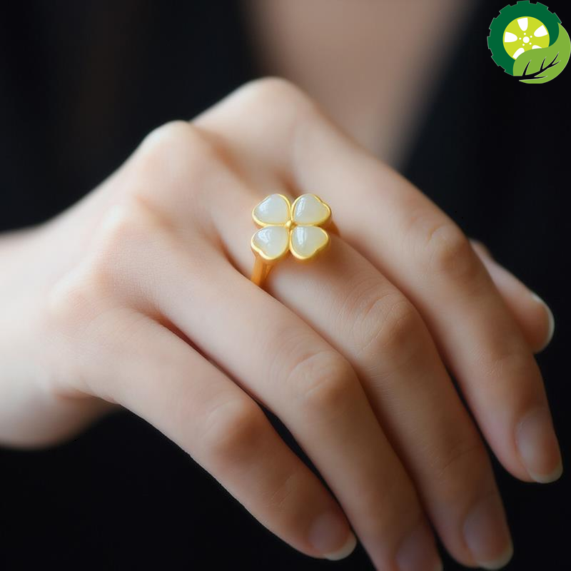 Hetian jade Lucky Heart four Leafs exquisite adjustable ring TIANTIAN LIFE Market Place