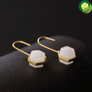 Natural Hetian white jade earrings Chinese style retro geometric unique craft gold brand jewelry TIANTIAN LIFE Market Place