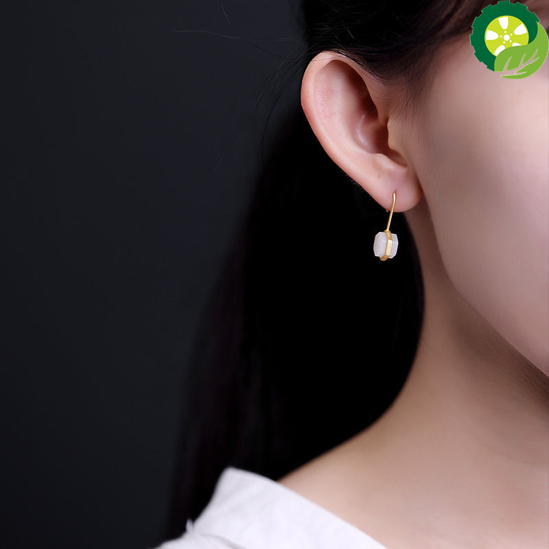 Natural Hetian white jade earrings Chinese style retro geometric unique craft gold brand jewelry TIANTIAN LIFE Market Place