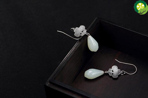 Natural Hetian White Jade Magnolia Flower Earrings Chinese Style Retro Elegant Fresh Craft Charm Silver Jewelry TIANTIAN LIFE Market Place