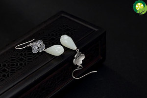 Natural Hetian White Jade Magnolia Flower Earrings Chinese Style Retro Elegant Fresh Craft Charm Silver Jewelry TIANTIAN LIFE Market Place