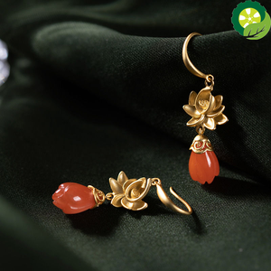 Natural hetian red jade high-quality golden lotus luxury design magnolia earrings TIANTIAN LIFE Market Place