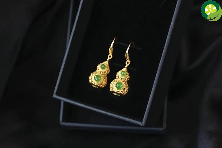 Natural jade hollow gourd Earrings Chinese style retro unique ancient gold craft charm jewelry TIANTIAN LIFE Market Place