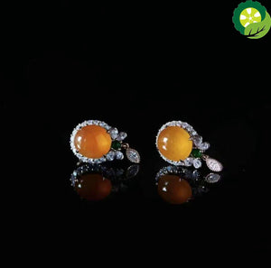 Natural yellow jade ice transparent round bead earrings Chinese style retro creative craft charm silver jewelry TIANTIAN LIFE Market Place