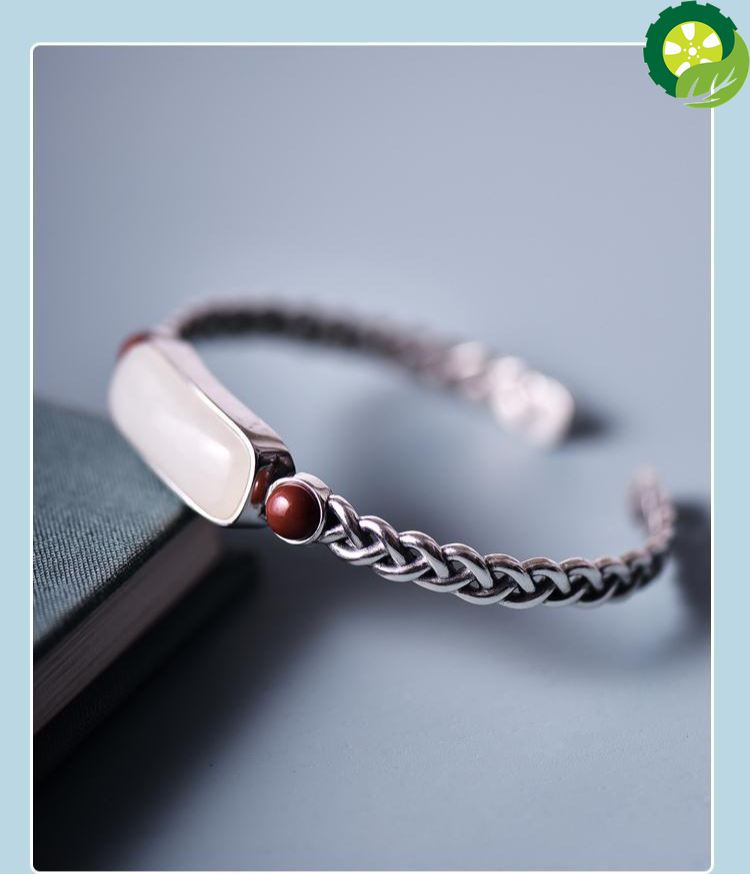 Natural Hetian white jade hemp rope bracelet Chinese style retro unique craft charm women's silver jewelry TIANTIAN LIFE Market Place