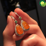 silver inlaid natural ice yellow jade earrings elegant charm creative retro female jewelry TIANTIAN LIFE Market Place