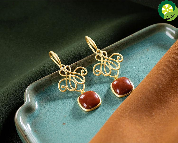 Natural Hetian red jade Chinese Knot retro court style luxury elegant Earrings TIANTIAN LIFE Market Place