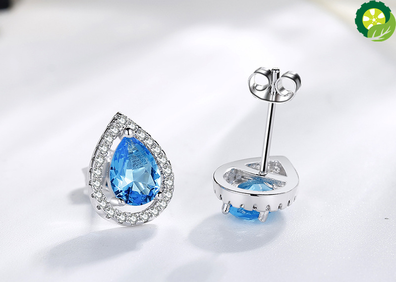 Sterling Silver Small and Simple Drop Shape Swiss Blue topaz Stud earrings TIANTIAN LIFE Market Place