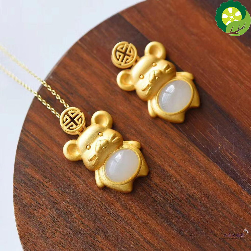 Natural Hetian jade mouse Pendant Necklace Chinese style retro unique ancient gold craft charm jewelry TIANTIAN LIFE Market Place