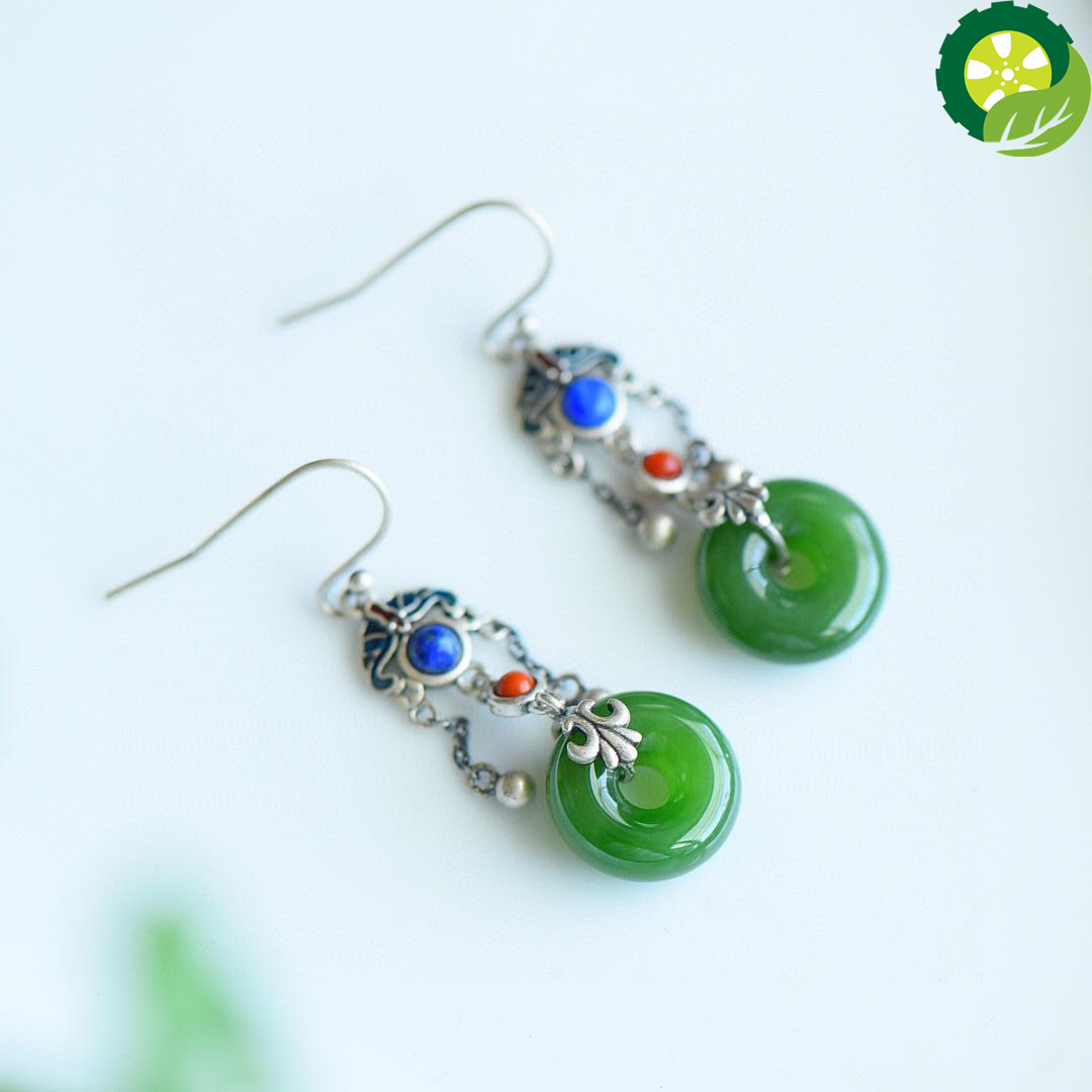 Natural Hetian jade fringed Chinese retro court style elegant and creative enamel porcelain craft Earrings TIANTIAN LIFE Market Place