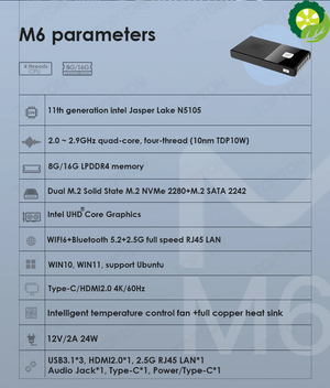 POCKET PC-M6 11th Gen Intel Mini PC N5105 2.9GHz DDR4 2933MHz NVMe Windows 11 Office Computer 2500M LAN HDMI2.0 4K@60Hz WiFi6 BT5.2 TIANTIAN LIFE Market Place