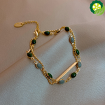 Blue Green Color Crystal Charm & Gold Color Beaded Chain Double Layered Adjustable Bracelet TIANTIAN LIFE Market Place