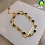 Blue Green Color Crystal Charm & Gold Color Beaded Chain Double Layered Adjustable Bracelet TIANTIAN LIFE Market Place