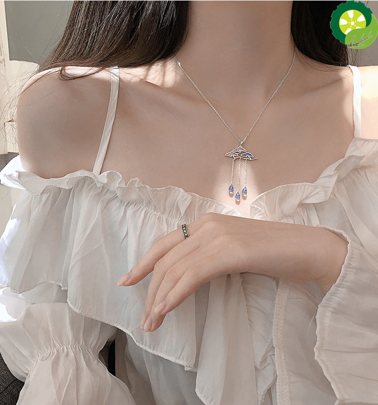 All-match Long Sweater Silver Plated Tassel Necklace Clavicle Chain Epoxy Cloud Raindrops Pendant Necklace TIANTIAN LIFE Market Place