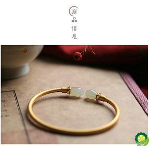 Original S925 Sterling Silver Hetian Jade Ancient Gold Orchid Retro Opening Chinese Style Bracelet TIANTIAN LIFE Market Place