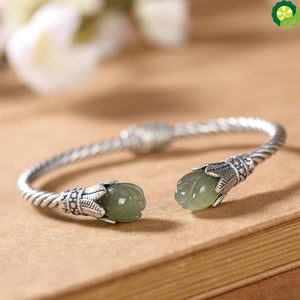 S925 Sterling Silver Hetian Gray Jade Personality Magnolia Antique Distressed Open-Ended Bracelet TIANTIAN LIFE Market Place