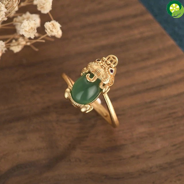 Ethnic Style Brass Gold-Plated Creative Design Pixiu Inlaid Green Jade Beads Copper Coin Adjustable Ring TIANTIAN LIFE Market Place