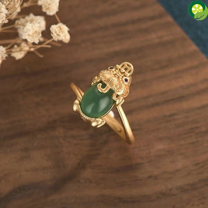 Ethnic Style Brass Gold-Plated Creative Design Pixiu Inlaid Green Jade Beads Copper Coin Adjustable Ring TIANTIAN LIFE Market Place