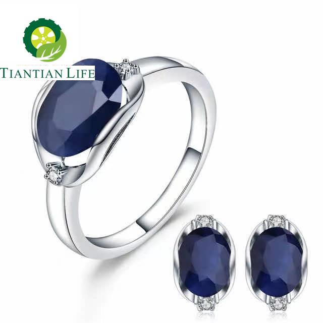 925 Sterling Silver Natural Blue Sapphire Gemstone Ring Earrings Jewelry Set TIANTIAN LIFE Market Place