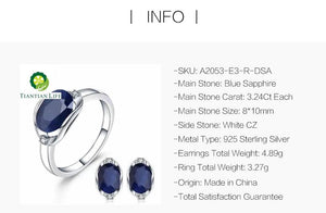 925 Sterling Silver Natural Blue Sapphire Gemstone Ring Earrings Jewelry Set TIANTIAN LIFE Market Place